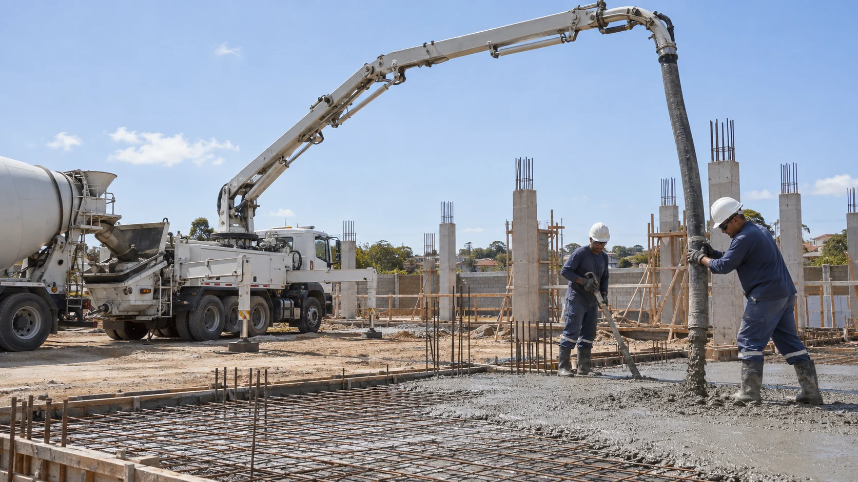 Bombeamento de concreto em uma laje no nível do solo.
