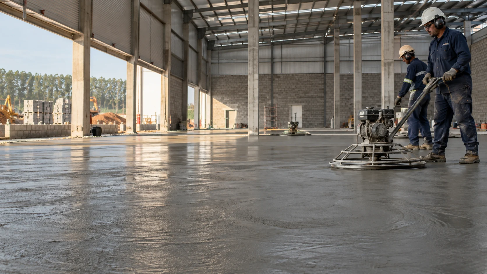 Acabamento de piso de concreto em um galpão.